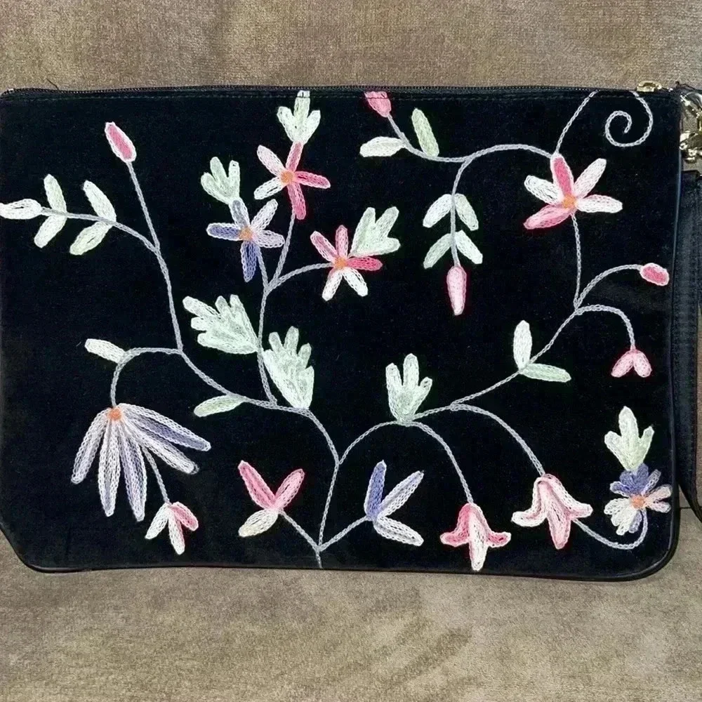 Americana by Sharif Velvet Floral Print Embroidered Large Clutch